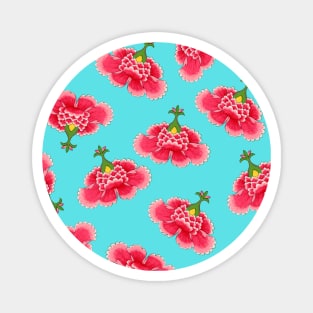 Chinese Vintage Pink and Red Flowers with Turquoise Blue - Hong Kong Traditional Floral Pattern Magnet